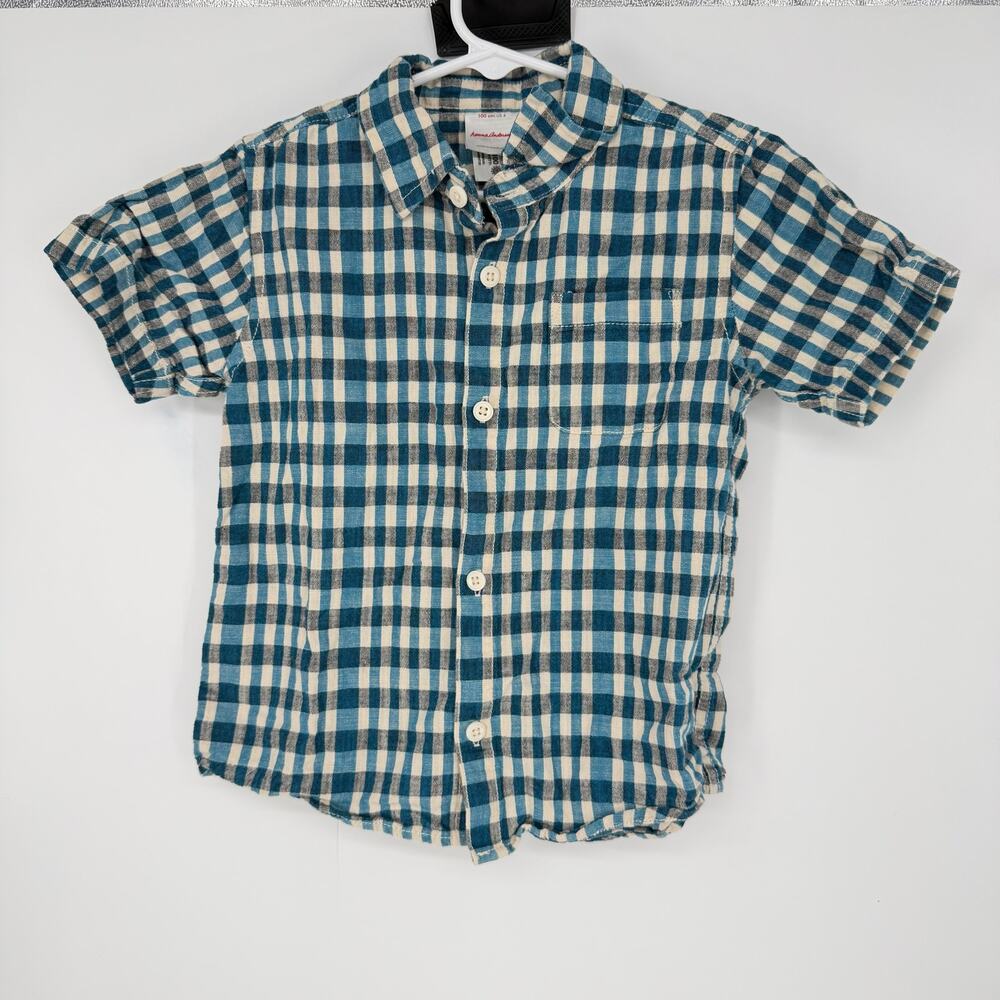 Hanna Andersson Boys Plaid Button Down Shirt Size 4 Blue White 100% Cotton